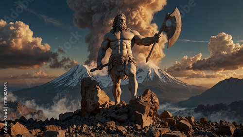 Statue of Porphyrion, the Titan, holding a massive axe, standing on shattered rocks, with a backdrop of an erupting volcano, carvings depicting his dominion over the earth's forces.