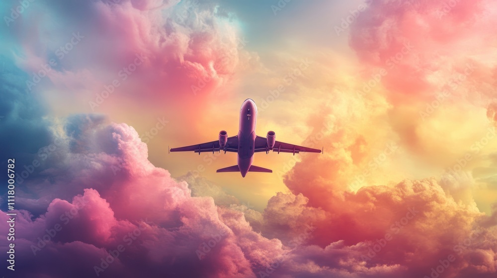 Airplane flying above colorful sunset clouds. (5)
