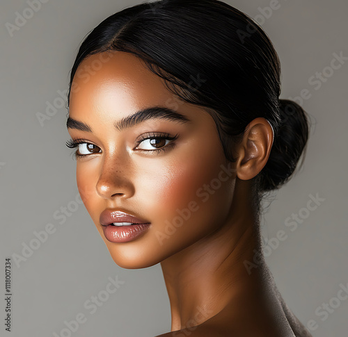 close up of African American woman with sleek hair, showcasing her radiant skin and elegant features. soft lighting highlights her natural beauty and confidence