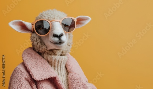 A stylish sheep donning a funky fashion jacket and glasses. A wide banner with space for text on the side. A fashionable animal striking a pose like a supermodel. Stock image.