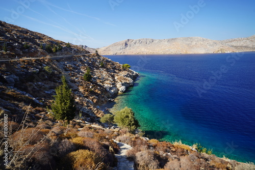 panorama of the clear water of Symi island , Greece