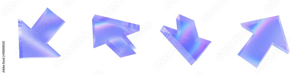 Set of 4 3d glass arrow shape with aberration effect isolated on a transparent background. Blue tone. 3d transparent elements for graphic design. Set of 4 3d glass arrow shape with aberration effect isolated on a transparent background. Blue tone. 3d transparent elements for graphic design.