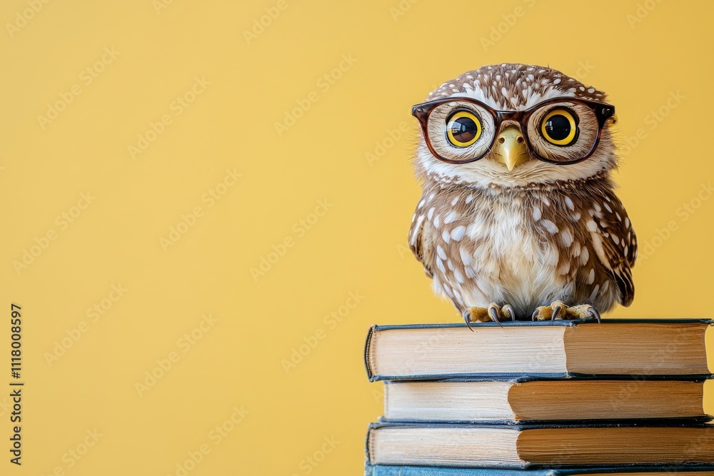 custom made wallpaper toronto digitalAn owl wearing glasses, reading a book on a vibrant yellow solid background, with space for text.
