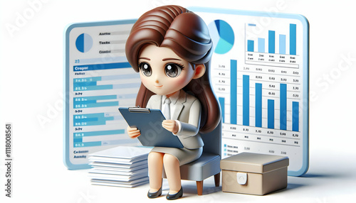 3D Businesswoman analyzing financial spreadsheets in environment setting copy space concept as A businesswoman analyzes financial spreadsheets in an environment setting focusing on marginal cost calcu photo