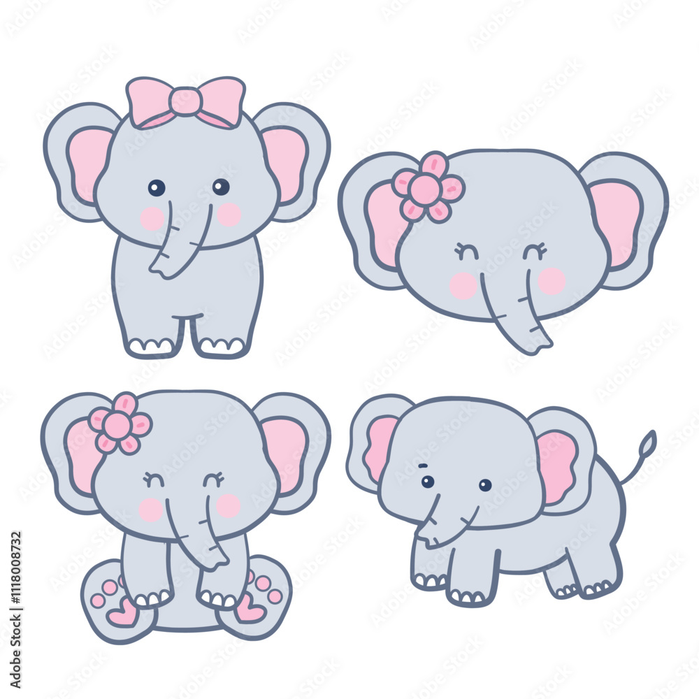 Set of Cute Cartoon Elephant Illustration . Set of Cute Cartoon Elephant Illustration .