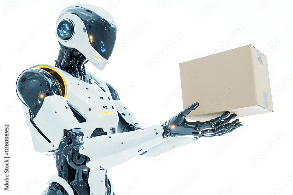 Fototapeta premium Humanoid AI robot carrying boxes or holding delivery package on white background. For themes related to technology. Artificial intelligence, automation, logistics concept in distribution warehouse.