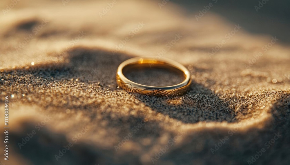 A gold ring resting on sandy terrain, symbolizing love and commitment. A gold ring resting on sandy terrain, symbolizing love and commitment.