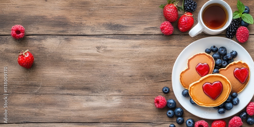Heart-Shaped Pancakes with Berries and Tea on Wooden Table for a Perfect Breakfast or Brunch Concept Heart-Shaped Pancakes with Berries and Tea on Wooden Table for a Perfect Breakfast or Brunch Concept