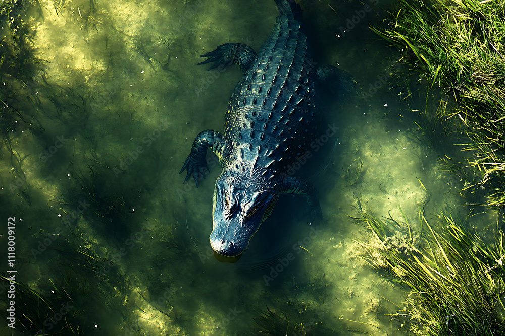 A crocodile swimming in murky water surrounded by greenery. A crocodile swimming in murky water surrounded by greenery.