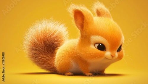 A rabbit-squirrel hybrid animal, abstractly designed, set against a yellow backdrop with room for text.