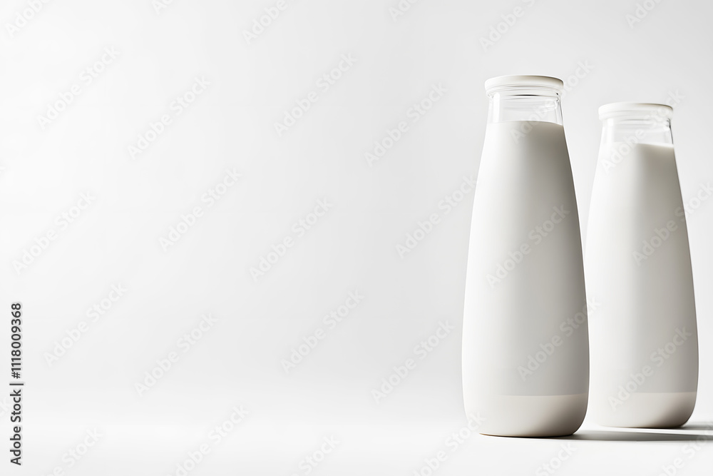 Sleek, modern plastic milk bottle with minimalist luxurious design against on white background. Elegant branding elements, giving premium. Ideal for themes related to dairy products, packaging design Sleek, modern plastic milk bottle with minimalist luxurious design against on white background. Elegant branding elements, giving premium. Ideal for themes related to dairy products, packaging design