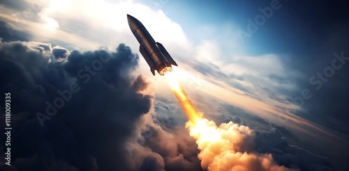 Intercontinental ballistic missile flying high in the sky