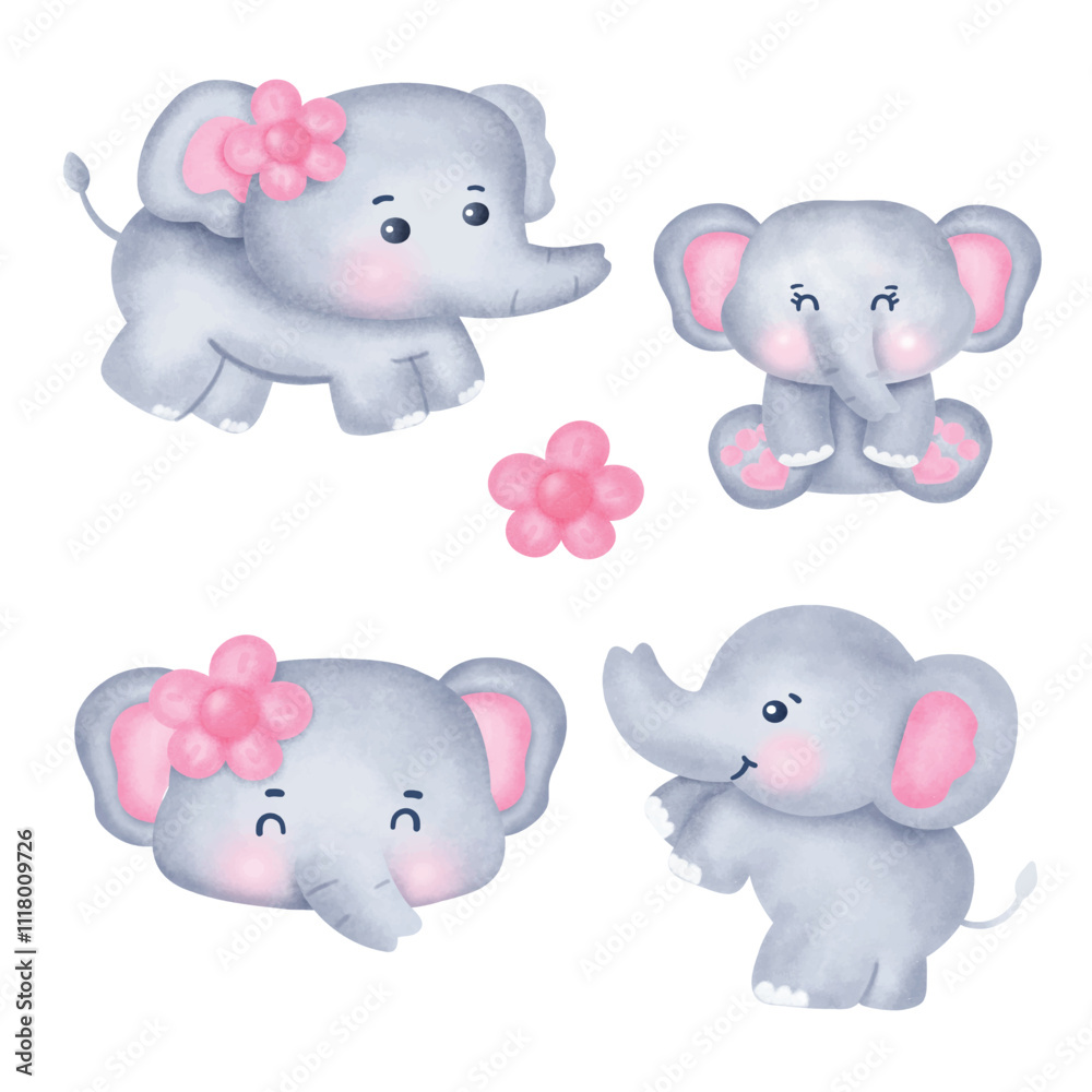 Set of Cute Cartoon Elephant Illustration . Set of Cute Cartoon Elephant Illustration .