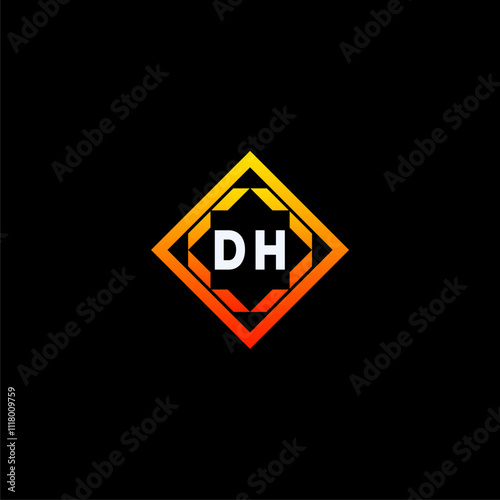 DH initials dynamic geometric logo design features a bold lettering sign in an orange and black color scheme, displayed against a dark background