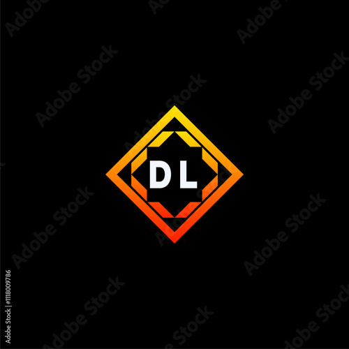 DL initials dynamic geometric logo design features a bold lettering sign in an orange and black color scheme, displayed against a dark background