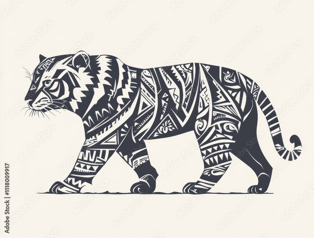 Fototapeta premium An ethnic tribal tattoo featuring the silhouette of a tiger and wildcat.