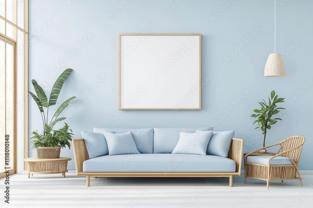 Empty light blue living room design with light wooden furniture, rattan elements. Pastel blue walls, light wooden floor. Rattan armchair, sofa with light blue cushions. Picture frame mockup on wall. Empty light blue living room design with light wooden furniture, rattan elements. Pastel blue walls, light wooden floor. Rattan armchair, sofa with light blue cushions. Picture frame mockup on wall.