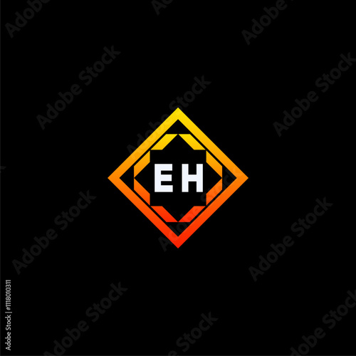 EH initials dynamic geometric logo design features a bold lettering sign in an orange and black color scheme, displayed against a dark background