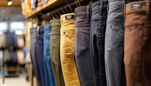 A display of various colored pants hanging in a retail store.