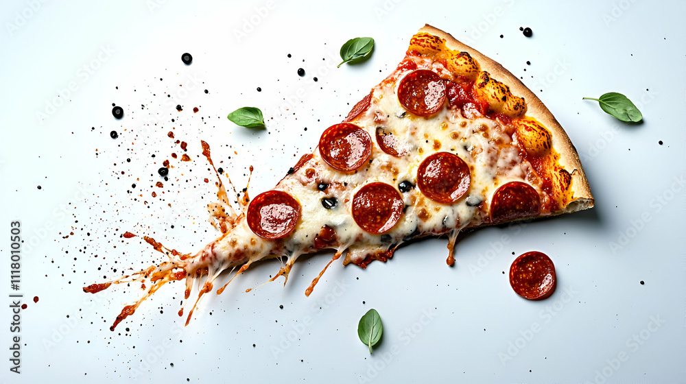 A delicious slice of pepperoni pizza with cheese, herbs, and a splash of sauce, visually appealing against a light background. A delicious slice of pepperoni pizza with cheese, herbs, and a splash of sauce, visually appealing against a light background.