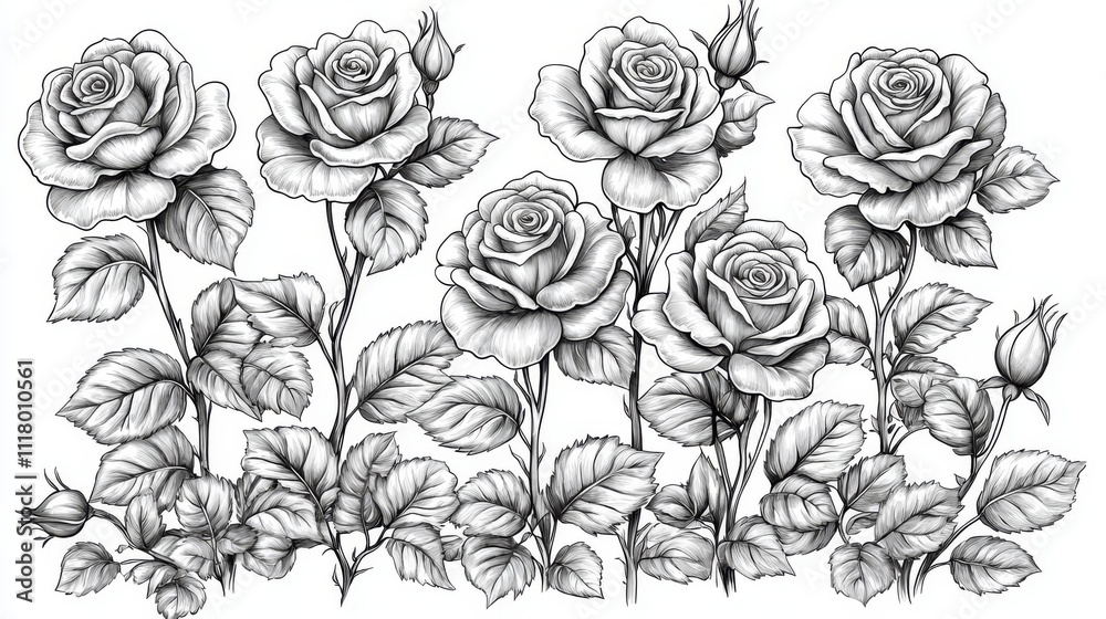 A sketch of solitary rose flowers and a continuous line drawing set against a white background.