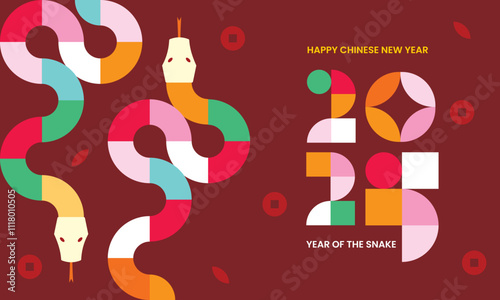 2025 Chinese new year modern art background, year of the snake banner template design with modern geometric style snakes on colourful, red background. Chinese zodiac Snake symbol