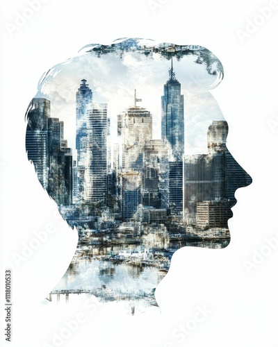 Cityscape superimposed on a person's profile.