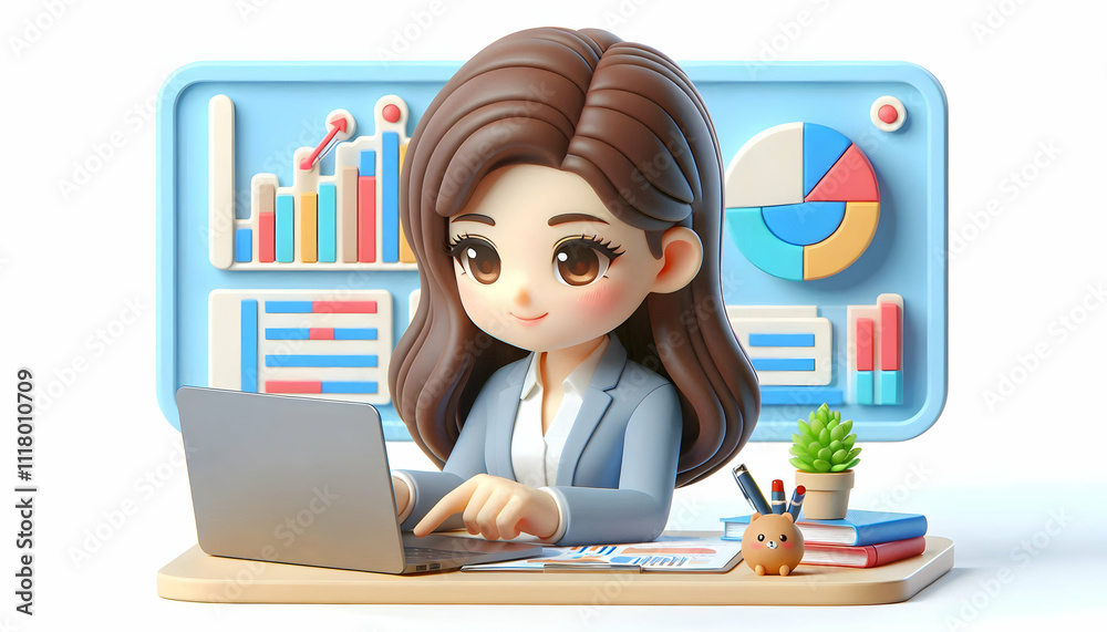 3D Businesswoman managing financial analysis in candid office copy space concept as A businesswoman manages financial analysis in a candid office setting emphasizing the evaluation of marginal costs a