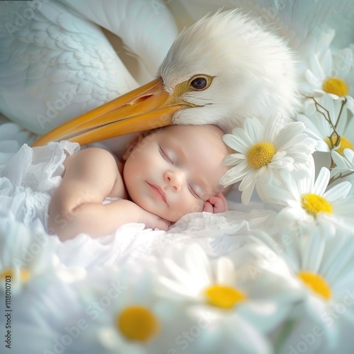 Sleeping newborn baby and white stork in the beak