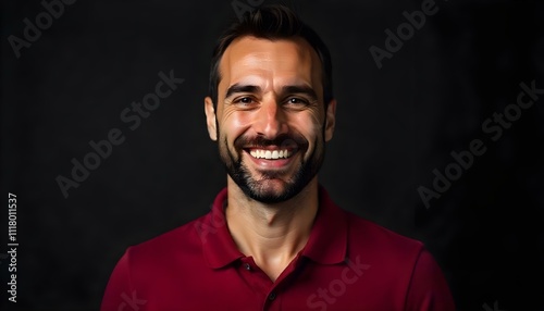 A Middle-Eastern man laughing warmly on a plain black background