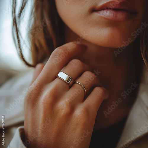 close up of hand wearing smart ring and simple band, showcasing modern jewelry style. soft lighting highlights elegance and sophistication of accessories photo