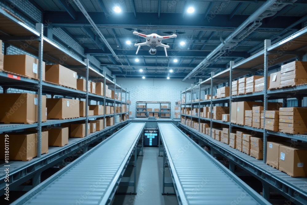 Aerial View of a Modern Warehouse with Automation Technology and Drone Hovering Over Shelving Racks Loaded with Boxes and Conveyor Belt System Aerial View of a Modern Warehouse with Automation Technology and Drone Hovering Over Shelving Racks Loaded with Boxes and Conveyor Belt System
