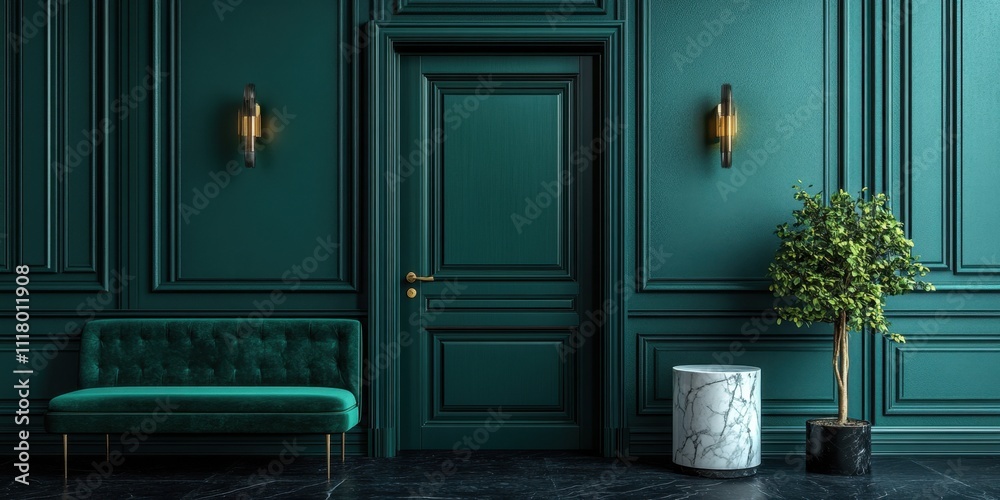 Elegant green interior adorned with stylish furniture and sophisticated decor enhances modern living spaces beautifully Elegant green interior adorned with stylish furniture and sophisticated decor enhances modern living spaces beautifully