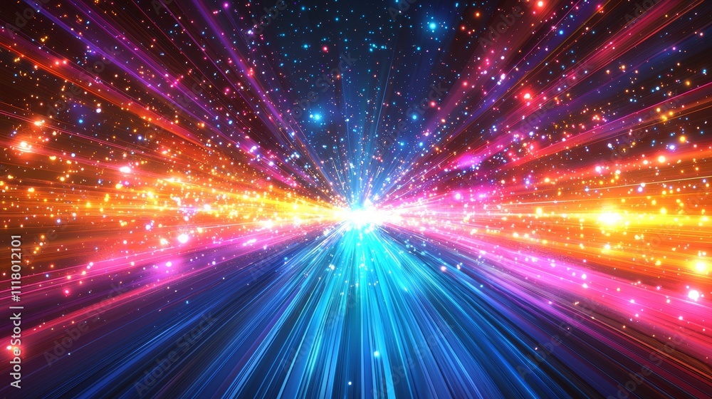 Obraz premium A modern illustration featuring neon pink, blue, purple, and white rays in a circular motion, creating a space route perspective, with a magical superpower flash and an explosion energy effect.