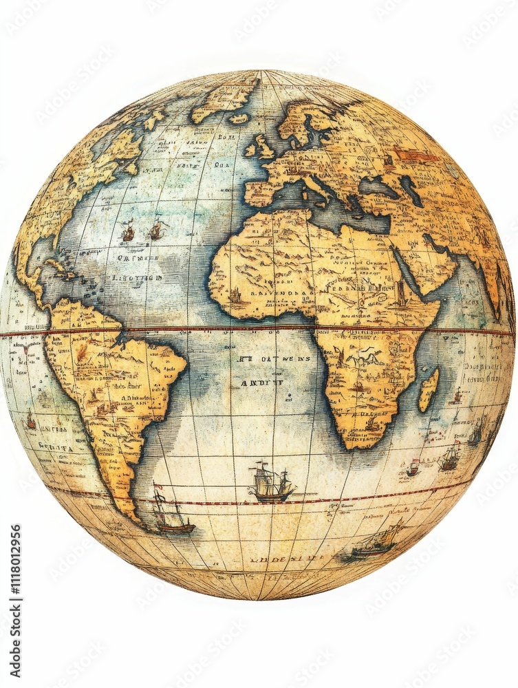 Antique globe; world map; aged, weathered appearance. Antique globe; world map; aged, weathered appearance.