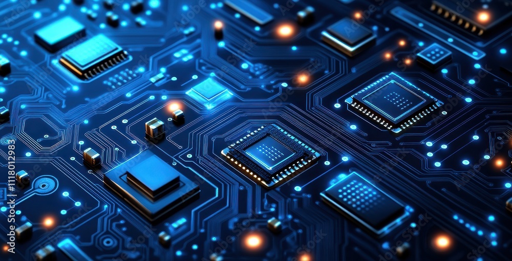 A blue computer chip with many small blue squares A blue computer chip with many small blue squares