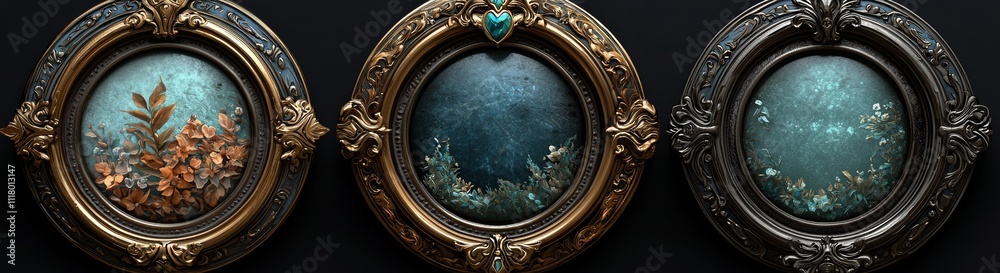 Fototapeta premium Silver round achievement rings for fantasy UI, featuring rank border badges and stone and metal interface assets for RPG character awards. Empty golden and white reward graphics are also included.