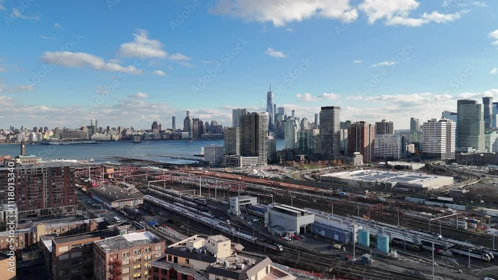 Drone of downtown Hoboken, NJ with Freedom Tower views Drone of downtown Hoboken, NJ with Freedom Tower views