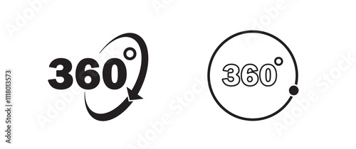 360 degrees icon set. Rotation and angle of views. Simulation, panorama and rotation. Logotype and emblem. Graphic element for website. Flat vector collection