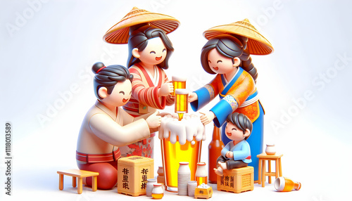 3D Candid Family Sharing Hangover (Traditional Seollal Drink) concept as A family sharing hangover traditional Seollal drink during festive celebration capturing moments of bonding and cultural tradit photo