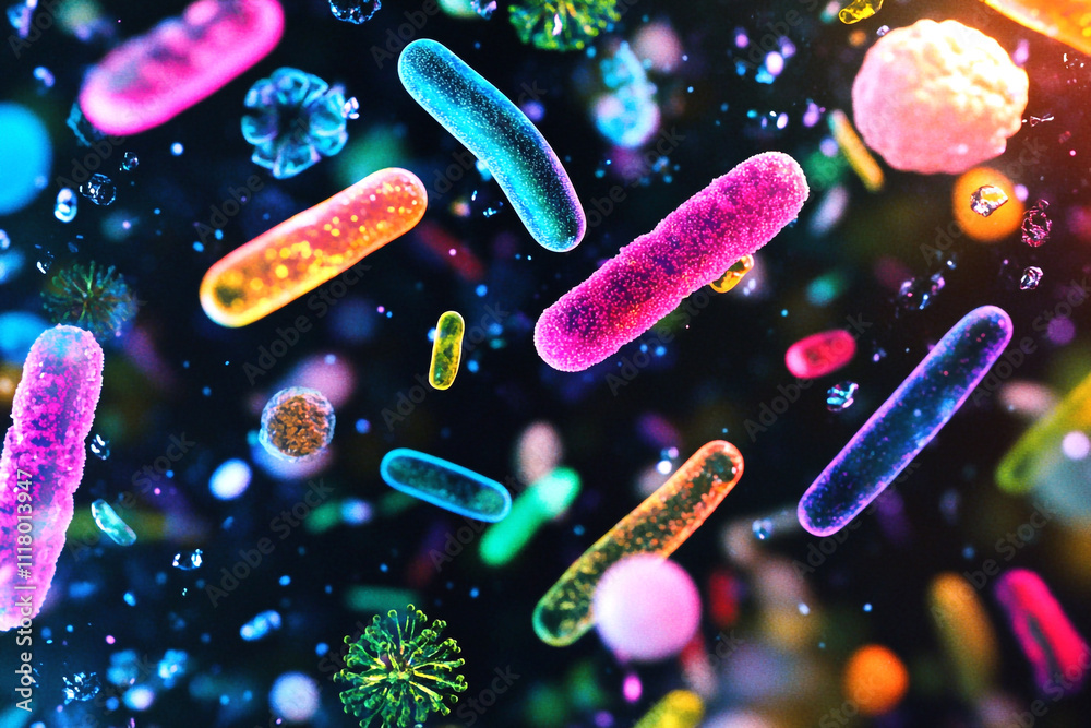 Colorful abstract background representing the microbiome and its impact on immune health. Probiotics and gut bacteria are visually depicted, symbolizing scientific study and research of microbiology Colorful abstract background representing the microbiome and its impact on immune health. Probiotics and gut bacteria are visually depicted, symbolizing scientific study and research of microbiology