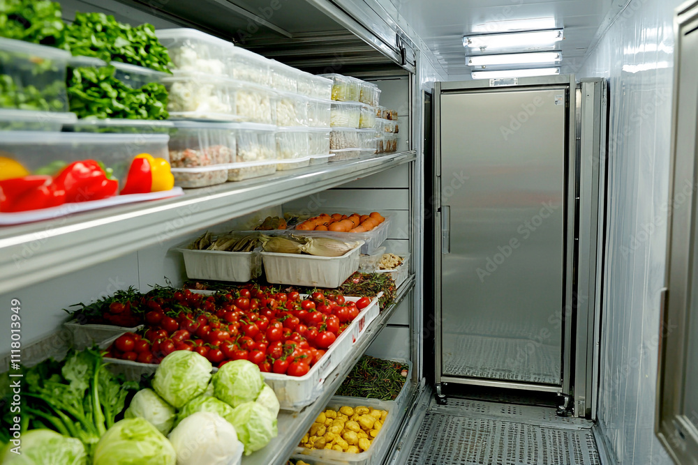 Interior of a refrigerator with food storage compartments, showcasing vegetables and fresh produce. The fridge emphasizes refrigeration, preservation, and the maintenance of food freshness