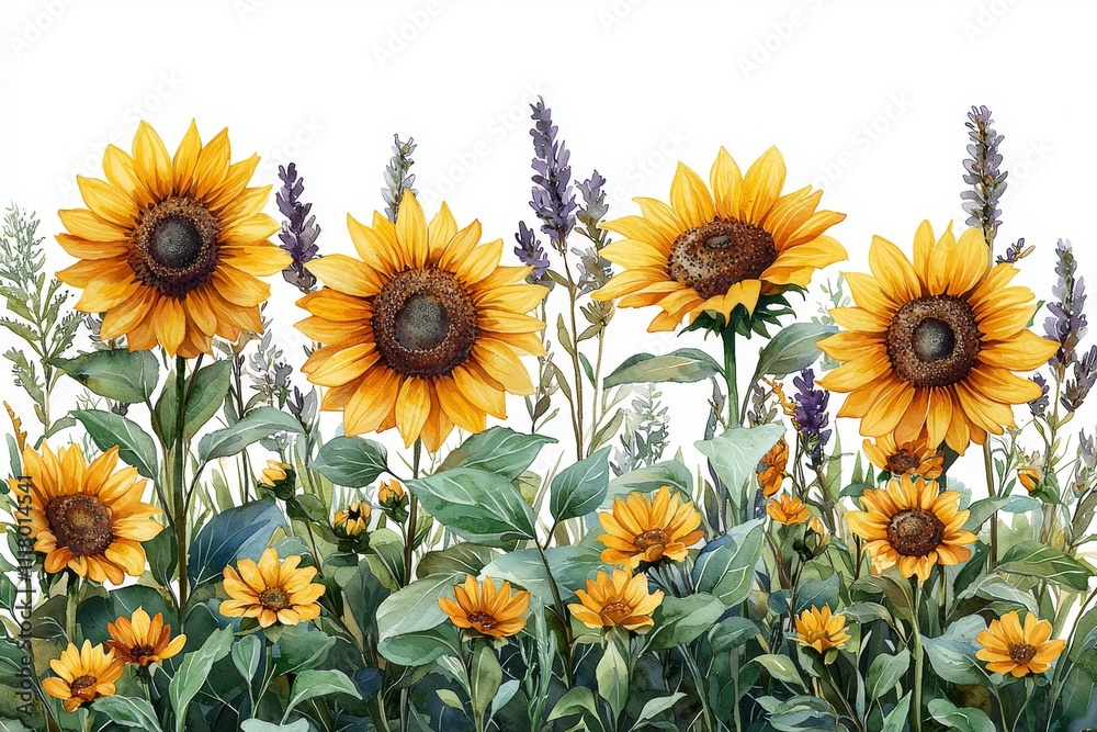A lone sunflower against a white backdrop, featuring watercolor foliage and blooms, all hand-drawn with defined flowers and leaves. A lone sunflower against a white backdrop, featuring watercolor foliage and blooms, all hand-drawn with defined flowers and leaves.