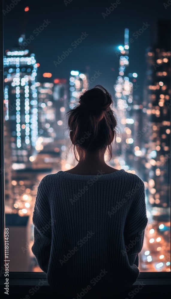Woman in grey sweater gazing out the window at a city skyline illuminated by night lights