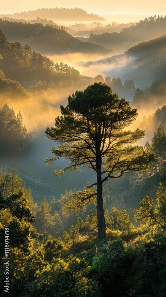 Fototapeta premium Majestic tree stands tall in misty forest at dawn