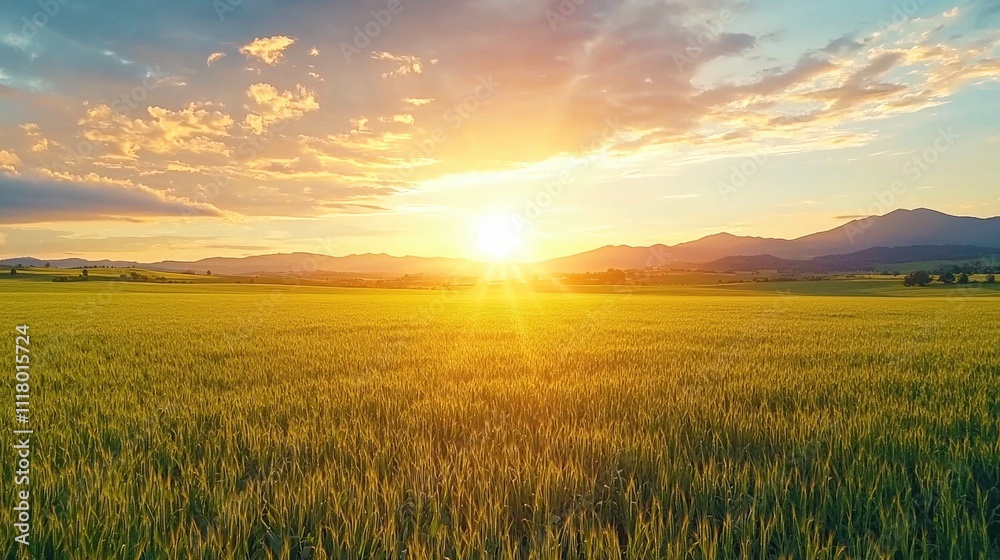 A serene sunset over a lush green field, framed by distant mountains and a colorful sky, evoking tranquility and natural beauty. A serene sunset over a lush green field, framed by distant mountains and a colorful sky, evoking tranquility and natural beauty.