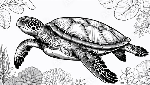 Detailed sea turtle line drawing with ocean elements