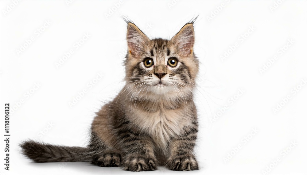 Fototapeta premium Cute cat sitting against a plain white background, highlighting its adorable features