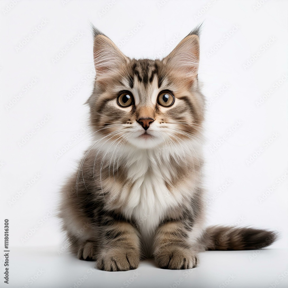 Cute cat sitting against a plain white background, highlighting its adorable features Cute cat sitting against a plain white background, highlighting its adorable features