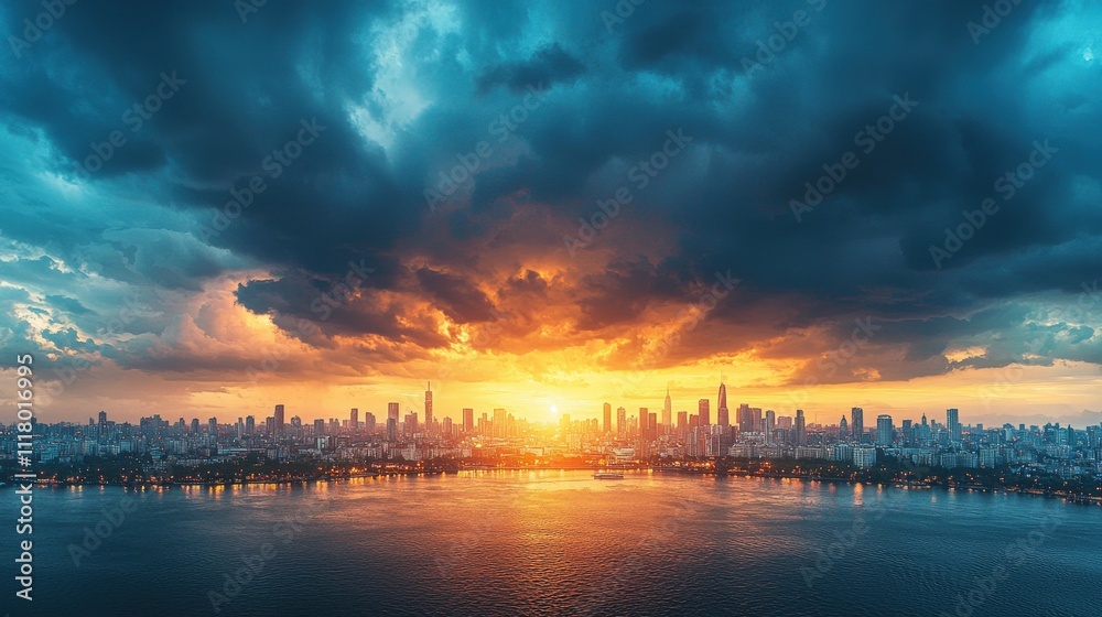 Naklejka premium A vibrant sunset over a city skyline, with dramatic clouds reflecting hues of orange and blue, mirrored by the calm water below.